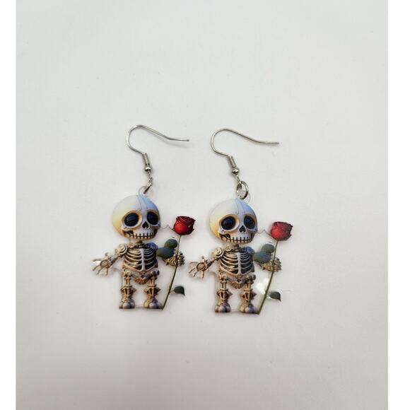 Acrylic Skeleton Holding Red Rose Dangle Earrings Halloween Gothic - Picture 3 of 7
